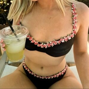 Black and Pink Embroidered Floral Bikini